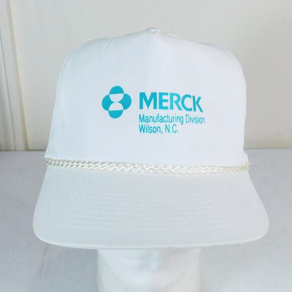 Vintage 80s Merck Manufacturing Snapback Hat White Rope Brim Retro Pharma - Picture 1 of 7